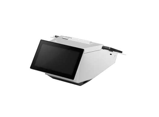 Epson Bondrucker TM-m30II SL in Weiß mit Bluetooth, Ethernet, USB, Tablethalterung von hinten rechts mit 2 Tablets