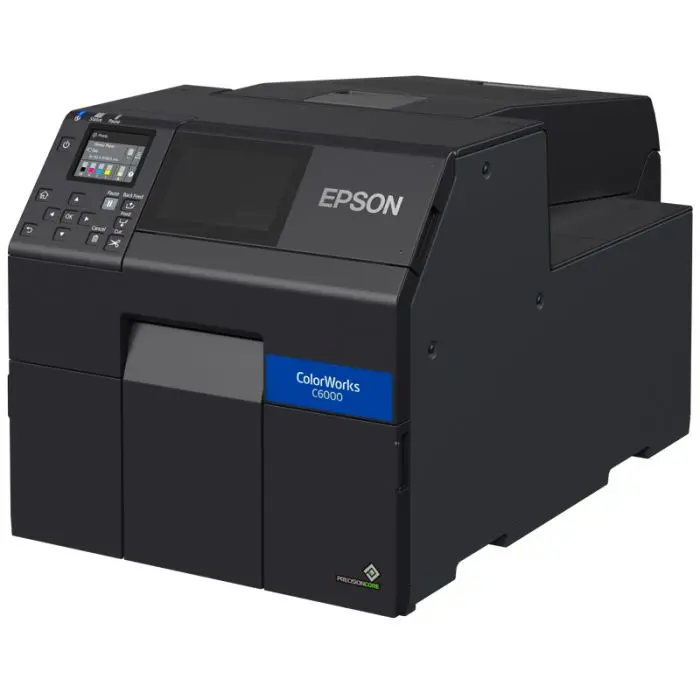 Etikettendrucker ColorWorks C6000Ae von Epson in Schwarz mit Ethernet und USB Anschlüssen von vorne rechts