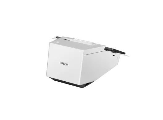 Epson Bondrucker TM-m30II SL in Weiß mit Bluetooth, Ethernet, USB, Tablethalterung von hinten rechts mit Tablet