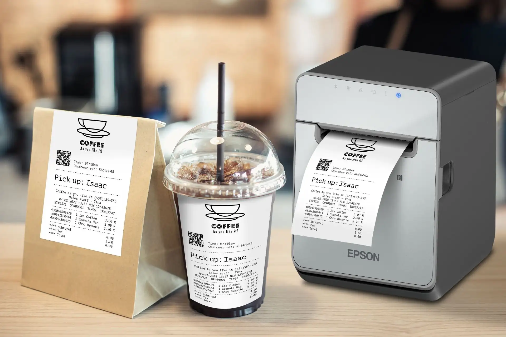 Etikettendrucker von Epson TM-L100 mit USB, seriellem & Ethernet Anschlüssen von vorne rechts mit Bon als Livebild Etikettendrucker von Epson TM-L100 mit USB, seriellem & Ethernet Anschlüssen von vorne rechts mit Bon als Livebild