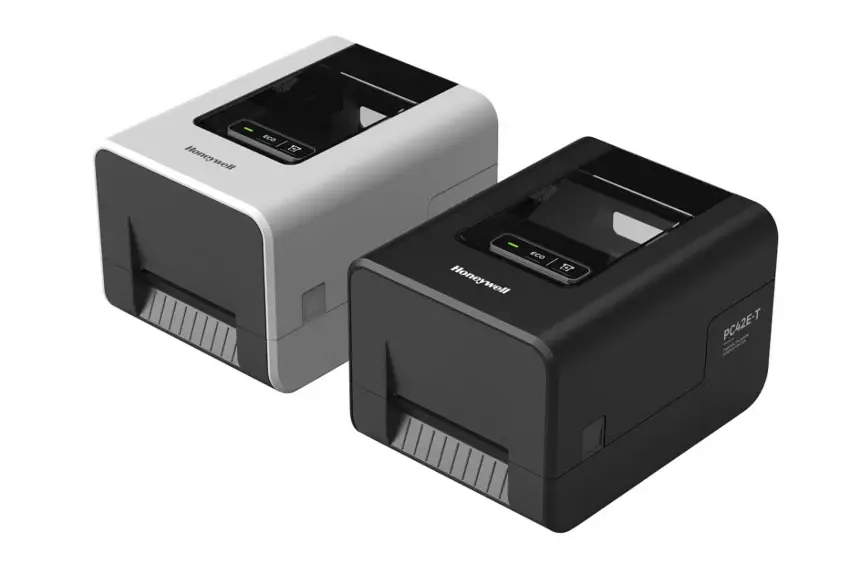 Thermotransfer-Etikettendrucker PC42E von Honeywell mit USB Anschluss in Weiß-Schwarz von vorne rechts