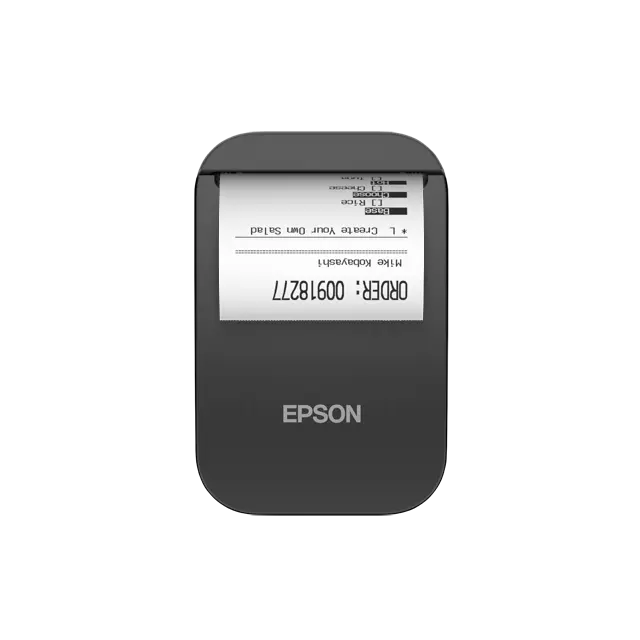 Epson TM-P20II mobiler Bondrucker in schwarz mit Bluetooth-Verbindung: hängend von vorne mit Bon