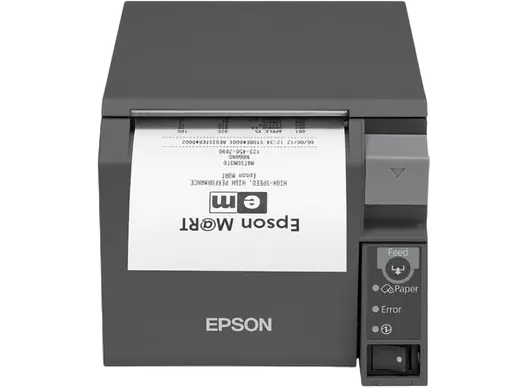 Epson Bondrucker TM-T70II in Schwarz, unterstützt Seriell und USB Anschlüsse, EDG zertifiziert von vorne mit Bon gezeigt