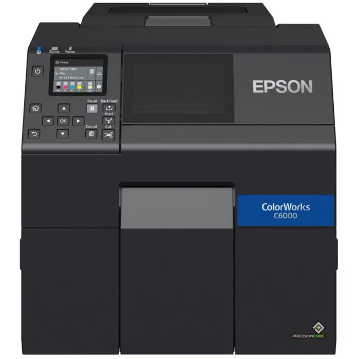 Etikettendrucker ColorWorks C6000Ae von Epson in Schwarz mit Ethernet und USB Anschlüssen von vorne 